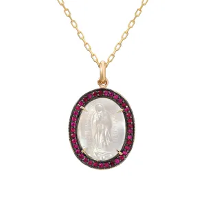 14K Gold Virgin Mary Miraculous Medal Mother of Pearl & Pavé Ruby Necklace, One Of A Kind LIMITED EDITION