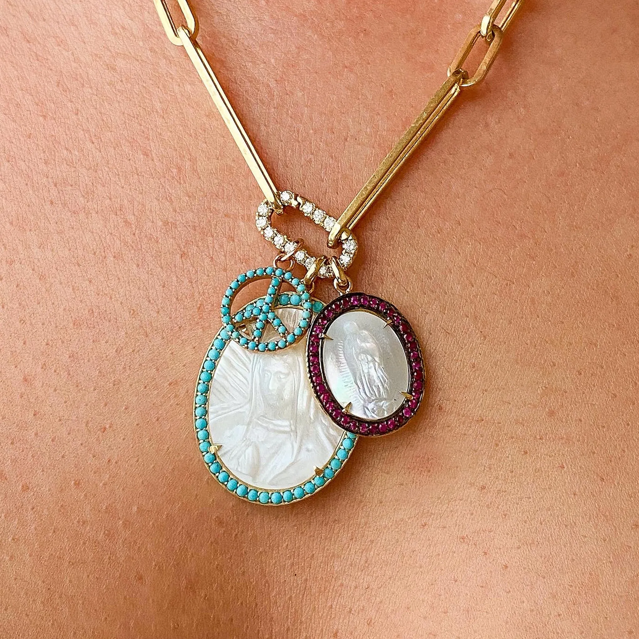 14K Gold Virgin Mary Miraculous Medal Mother of Pearl & Pavé Ruby Necklace, One Of A Kind LIMITED EDITION