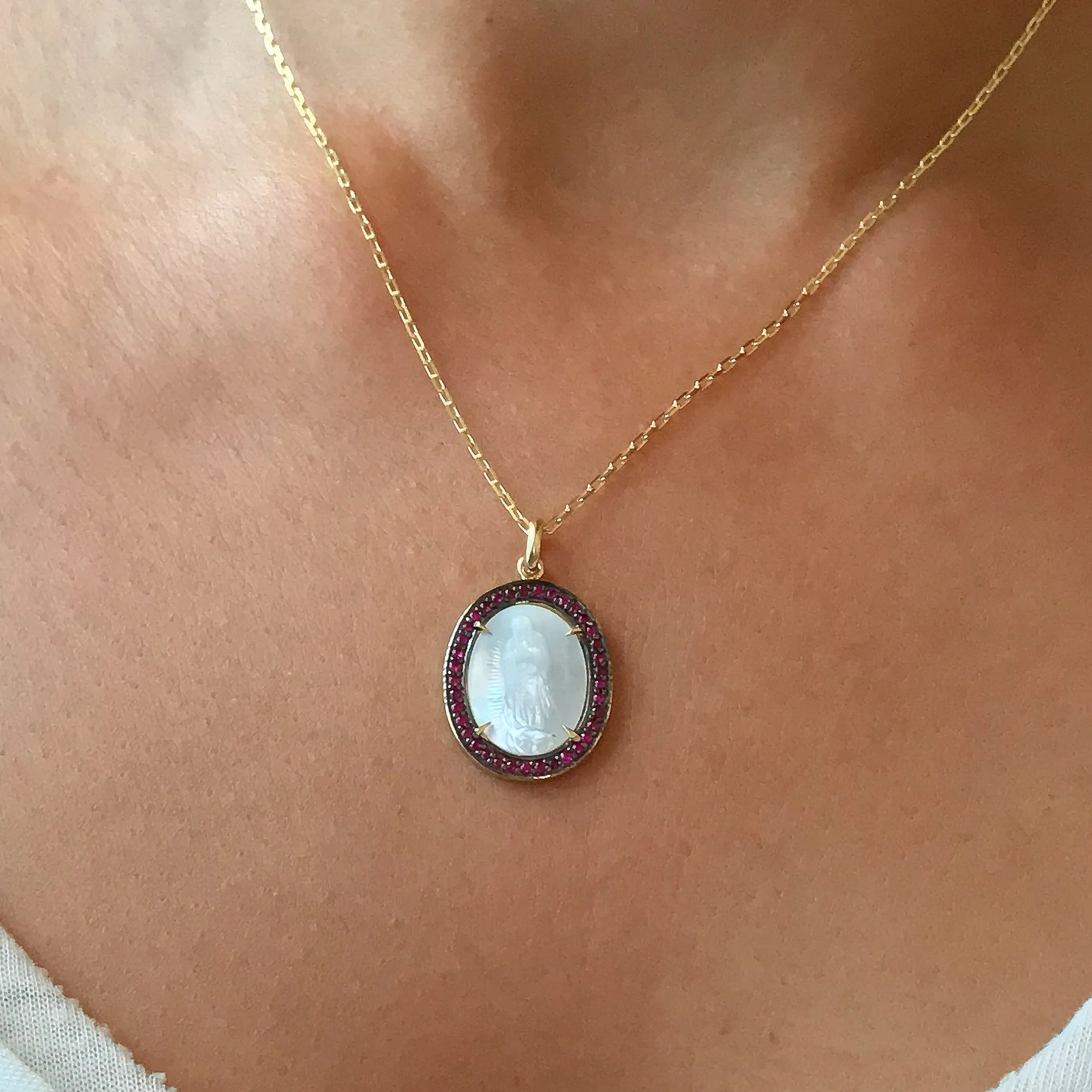 14K Gold Virgin Mary Miraculous Medal Mother of Pearl & Pavé Ruby Necklace, One Of A Kind LIMITED EDITION