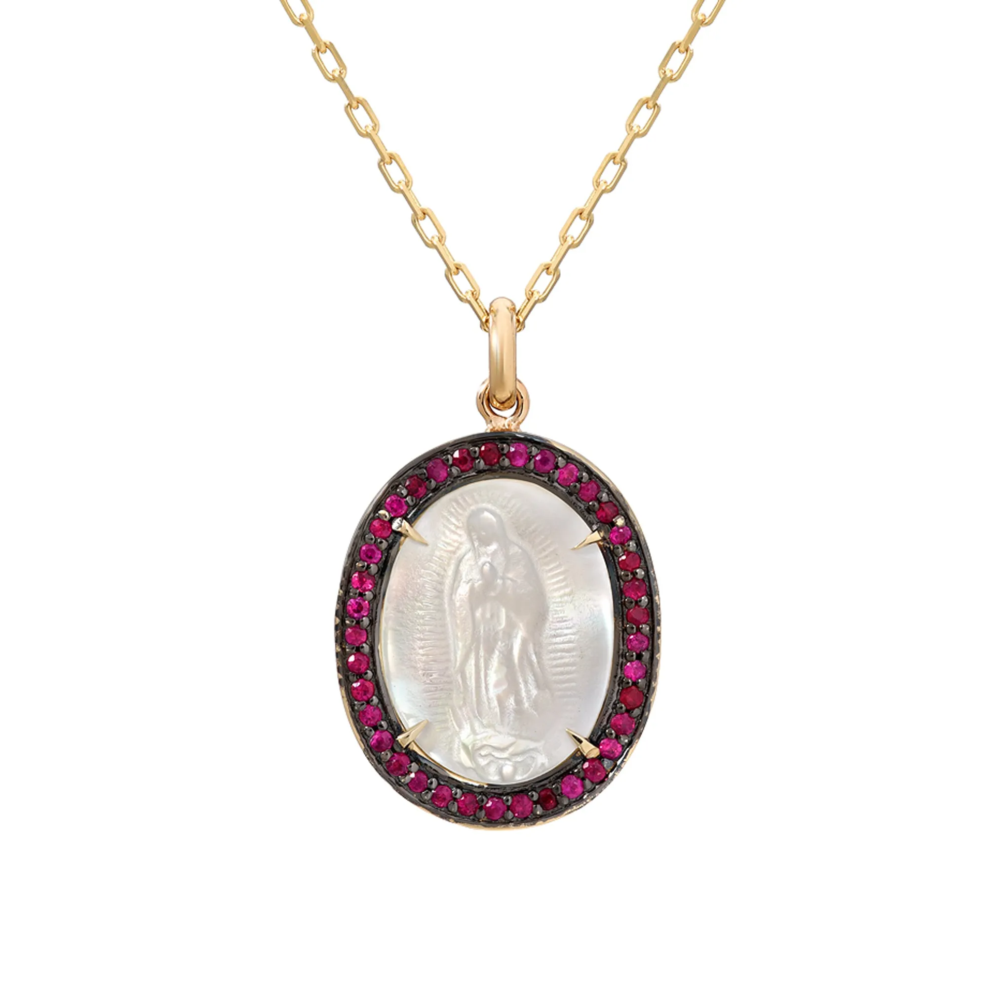 14K Gold Virgin Mary Miraculous Medal Mother of Pearl & Pavé Ruby Necklace, One Of A Kind LIMITED EDITION