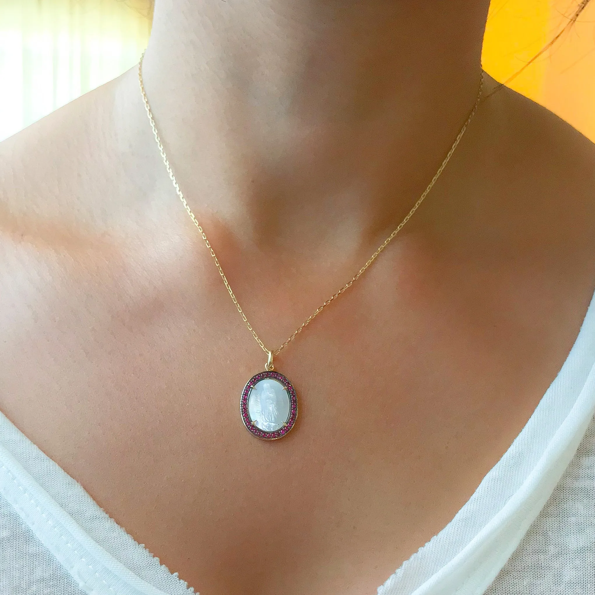 14K Gold Virgin Mary Miraculous Medal Mother of Pearl & Pavé Ruby Necklace, One Of A Kind LIMITED EDITION