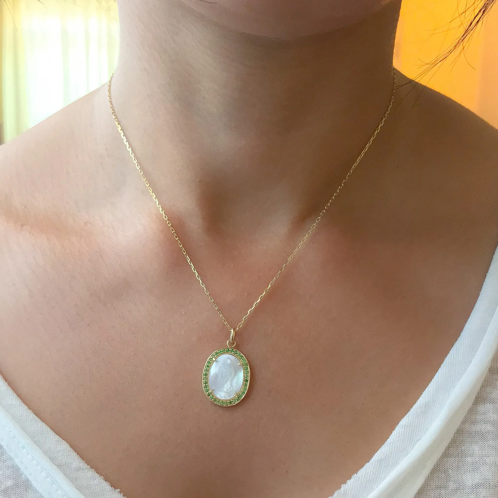 14K Gold Virgin Mary Miraculous Medal Mother of Pearl & Pavé Tsavorite Garnet Necklace, LIMITED EDITION