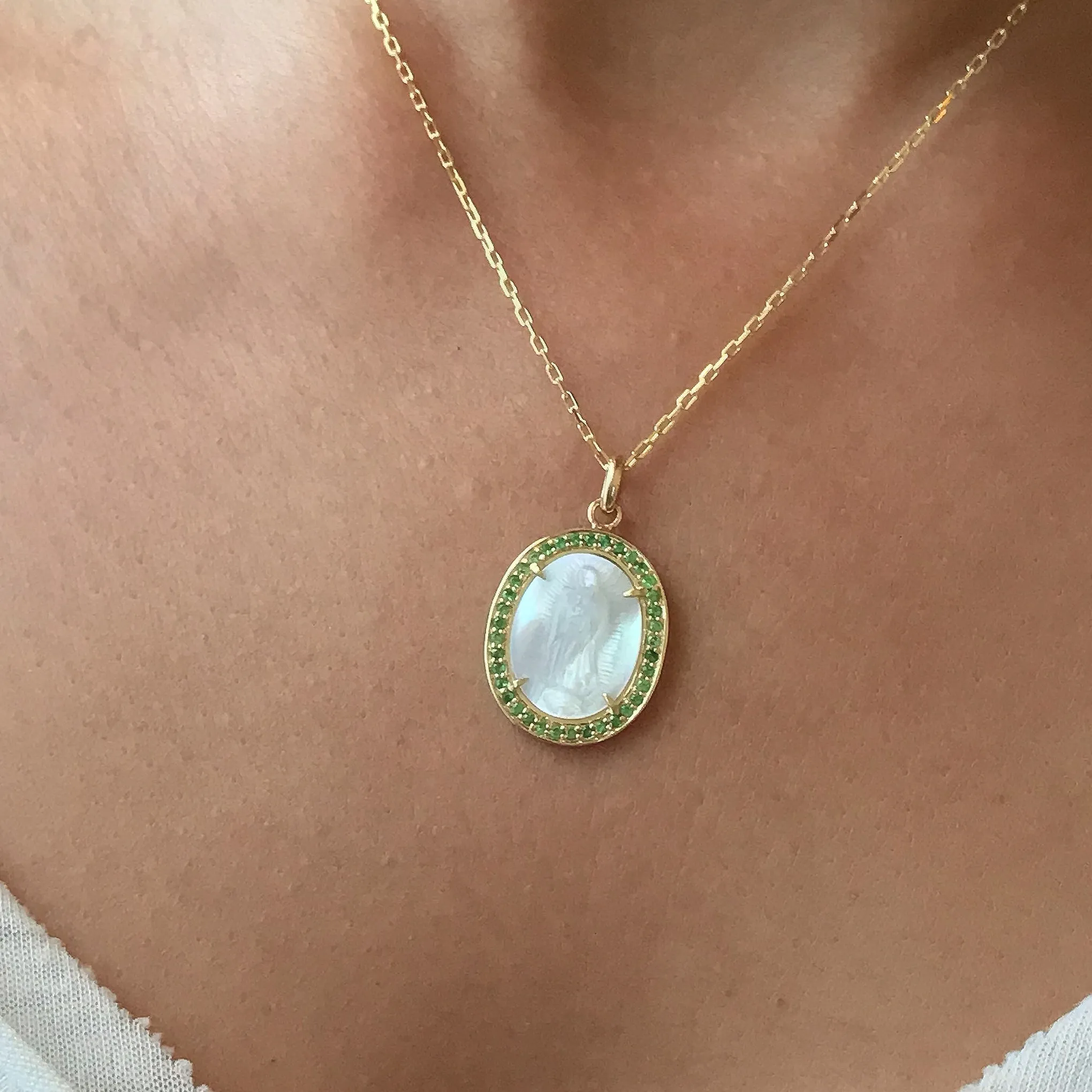 14K Gold Virgin Mary Miraculous Medal Mother of Pearl & Pavé Tsavorite Garnet Necklace, LIMITED EDITION