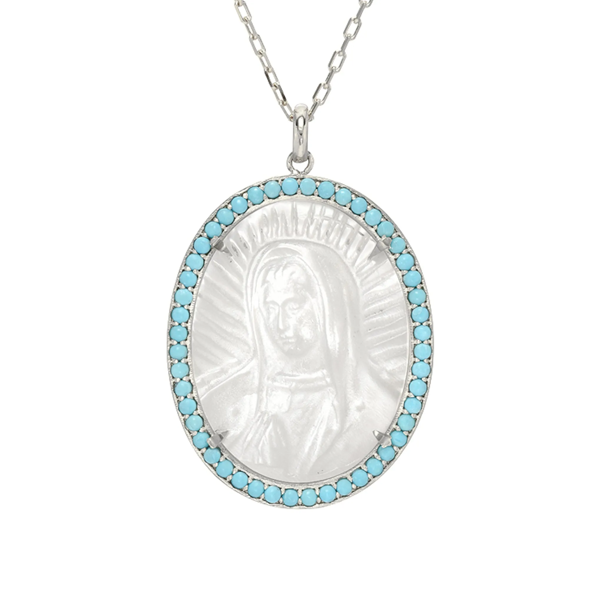 14K Gold Virgin Mary Miraculous Medal Mother of Pearl & Pavé Turquoise Necklace, LIMITED EDITION