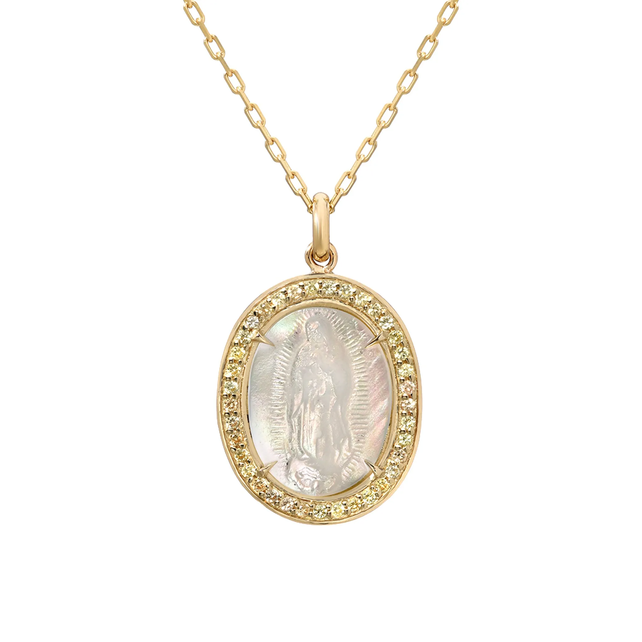 14K Gold Virgin Mary Miraculous Medal Mother of Pearl & Pavé Yellow Sapphire Necklace, LIMITED EDITION