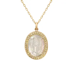 14K Gold Virgin Mary Miraculous Medal Mother of Pearl & Pavé Yellow Sapphire Necklace, LIMITED EDITION
