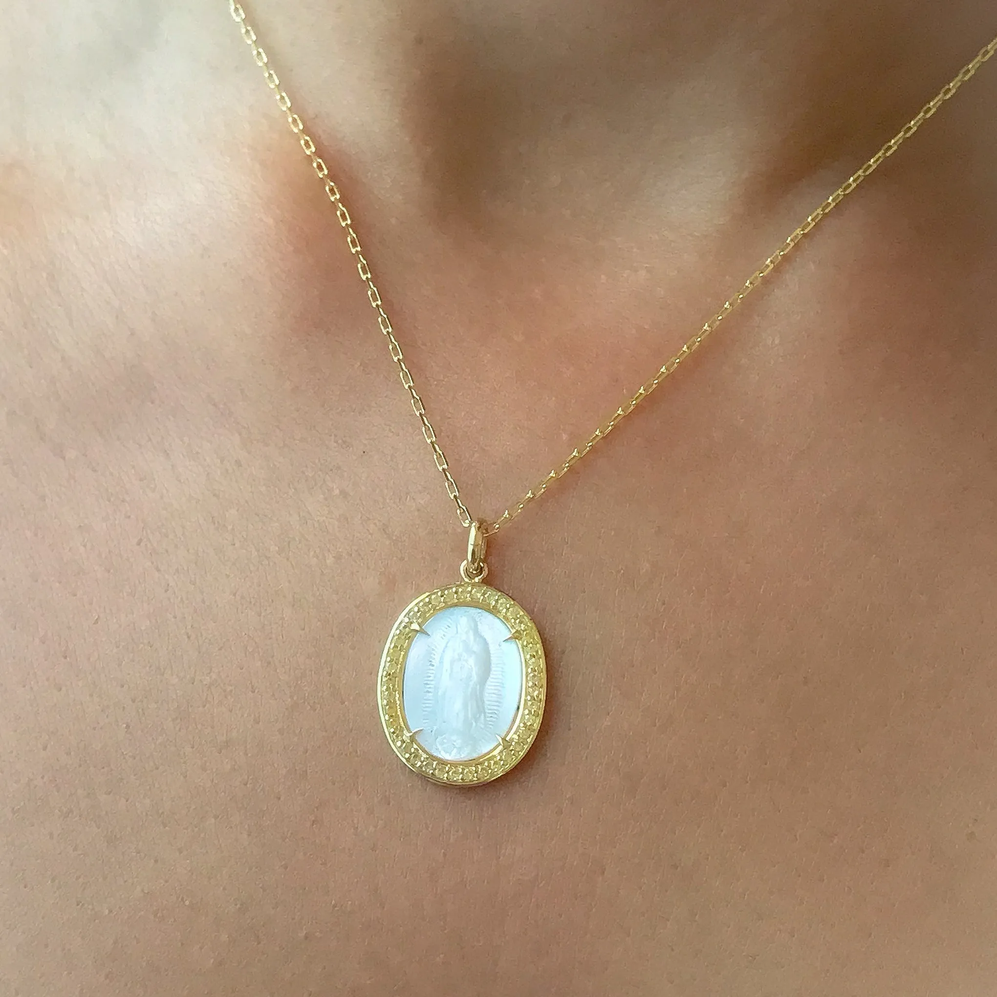 14K Gold Virgin Mary Miraculous Medal Mother of Pearl & Pavé Yellow Sapphire Necklace, LIMITED EDITION
