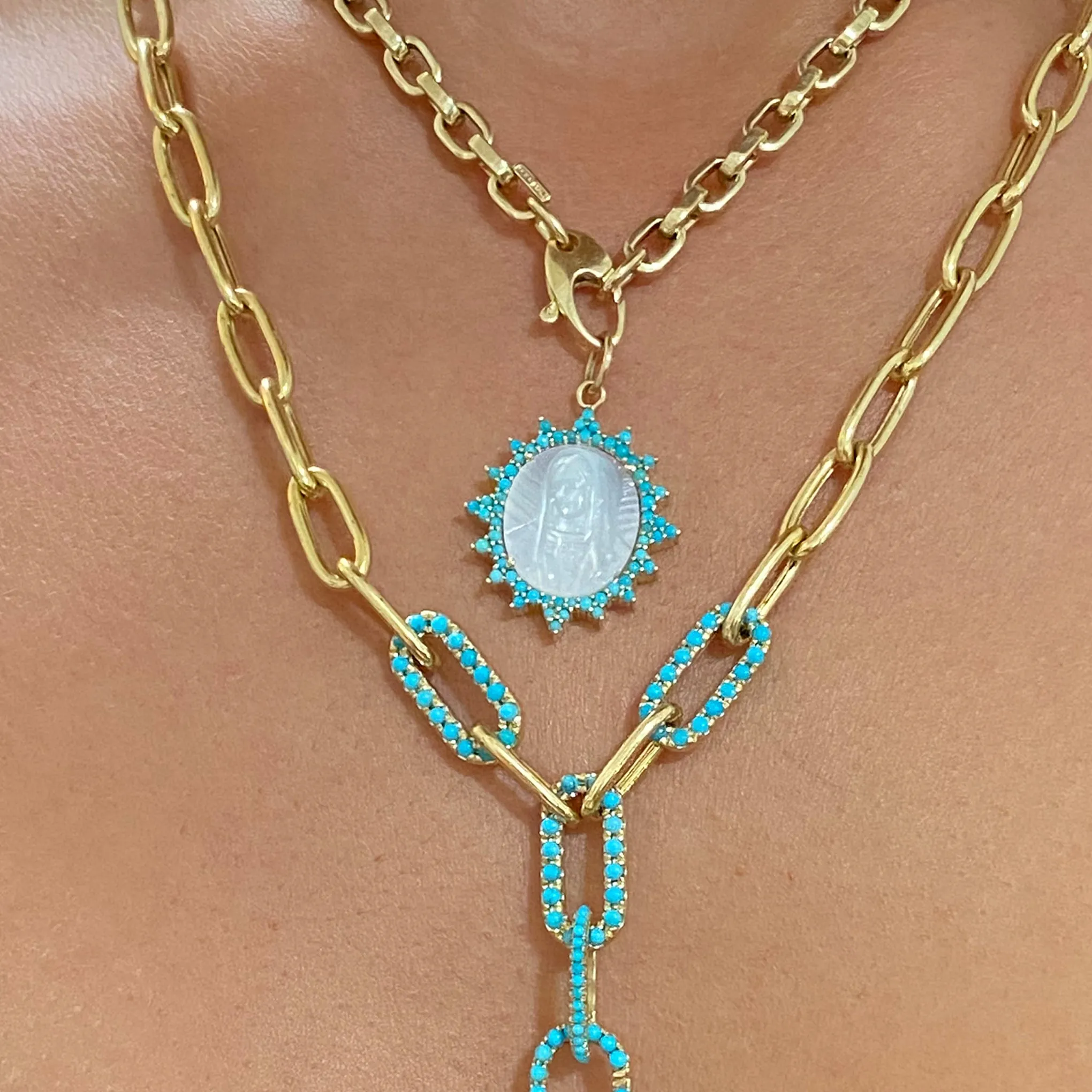 14K Gold Virgin Mary Miraculous Medal Mother of Pearl & Starburst Pavé Turquoise Charm Pendant, LIMITED EDITION