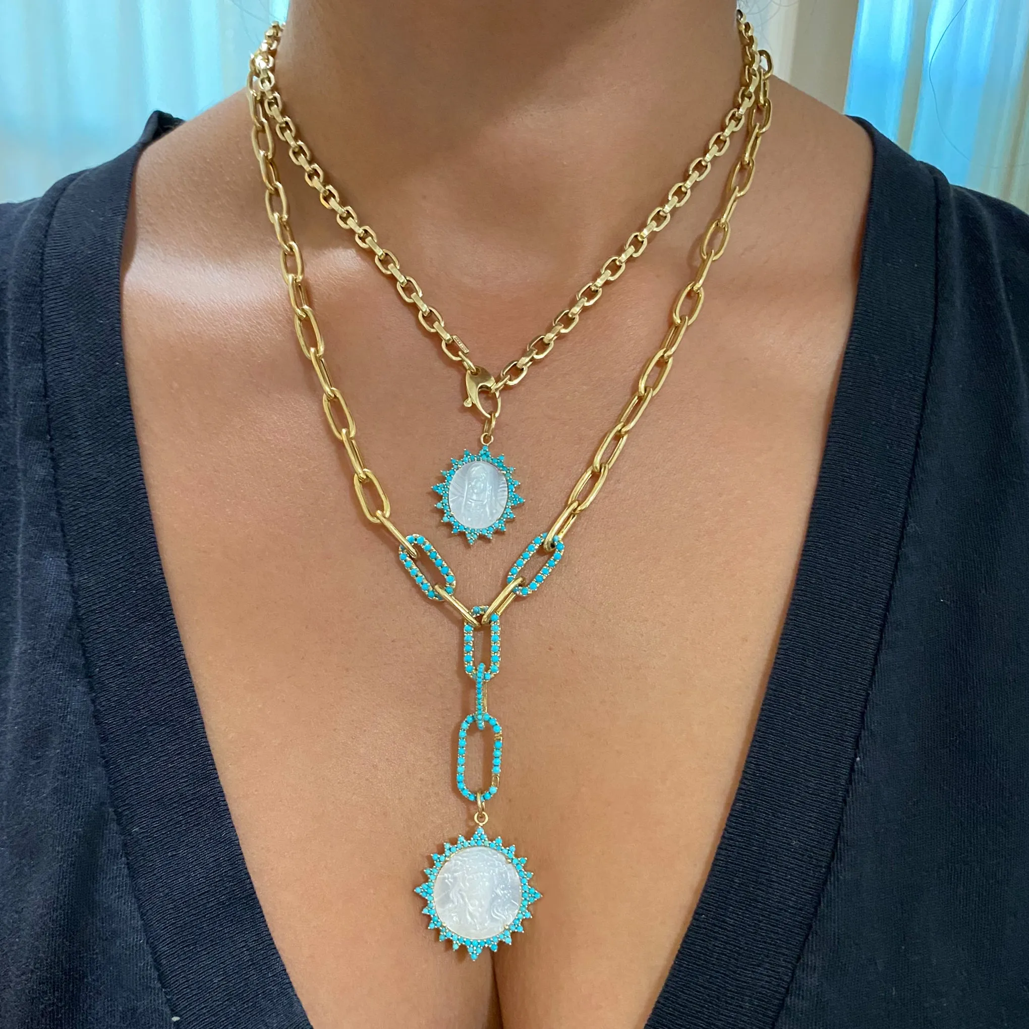 14K Gold Virgin Mary Miraculous Medal Mother of Pearl & Starburst Pavé Turquoise Charm Pendant, LIMITED EDITION