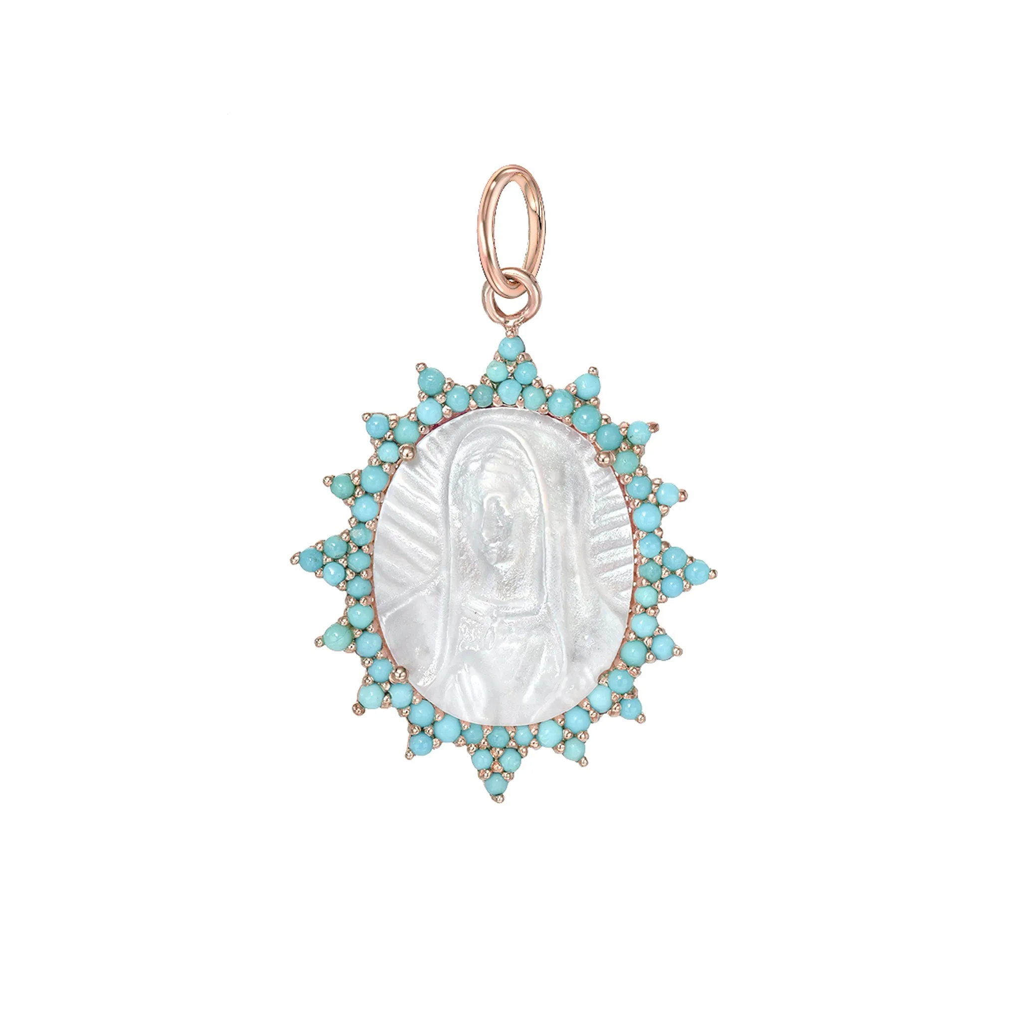 14K Gold Virgin Mary Miraculous Medal Mother of Pearl & Starburst Pavé Turquoise Charm Pendant, LIMITED EDITION