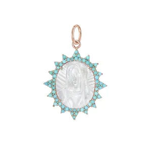 14K Gold Virgin Mary Miraculous Medal Mother of Pearl & Starburst Pavé Turquoise Charm Pendant, LIMITED EDITION