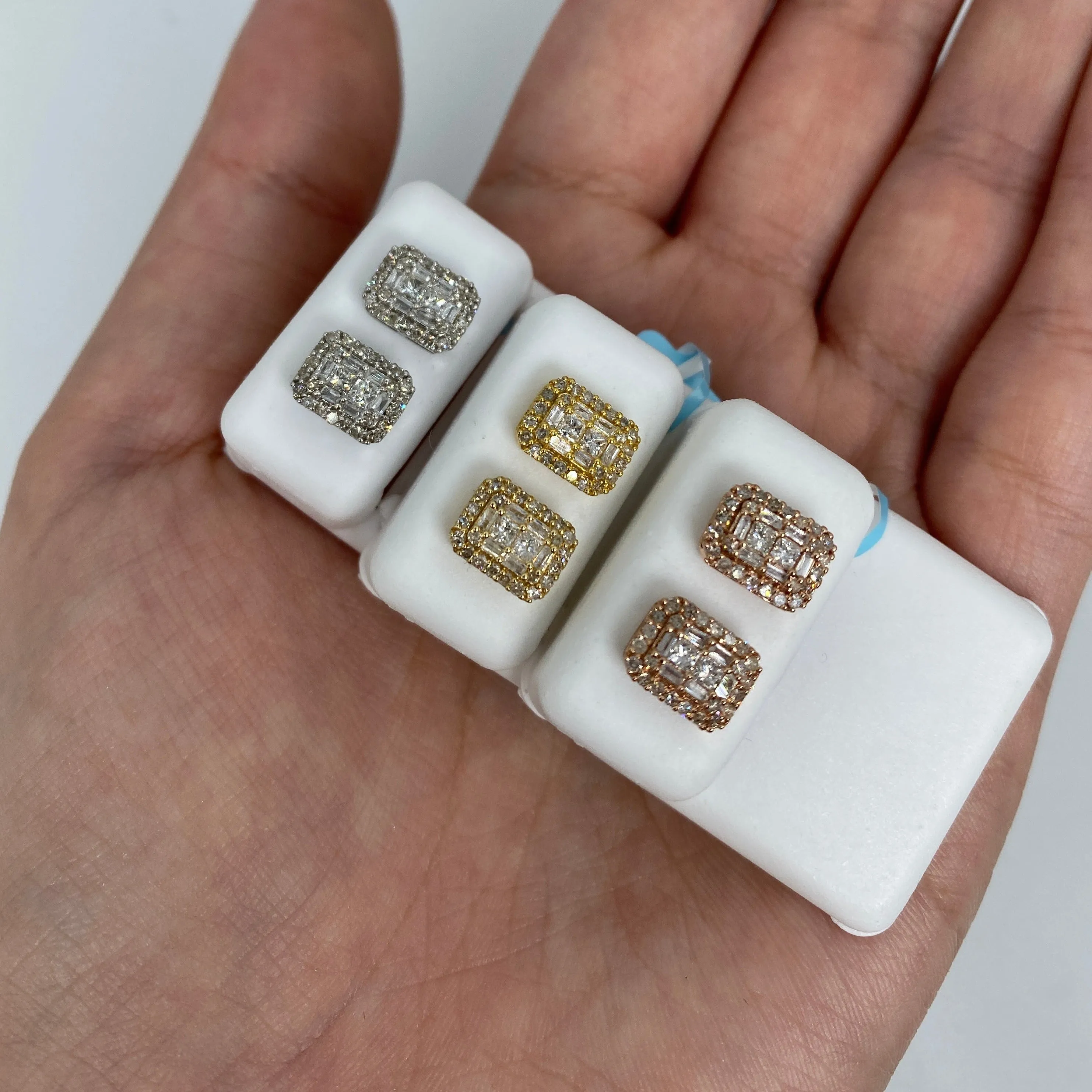 14K Rectangle Diamond Baguette Castle Earrings