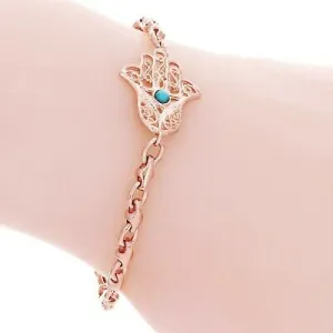 14k Rose Gold Hamsa Hand of Fatima Charm Bracelet with Turquoise 8" 11 grams