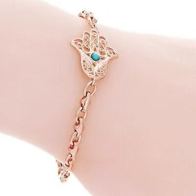 14k Rose Gold Hamsa Hand of Fatima Charm Bracelet with Turquoise 8" 11 grams