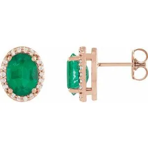 14K Rose Lab-Grown Emerald & .06 CTW Natural Diamond Halo-Style Earrings
