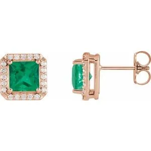 14K Rose Lab-Grown Emerald & .08 CTW Natural Diamond Halo-Style Earrings