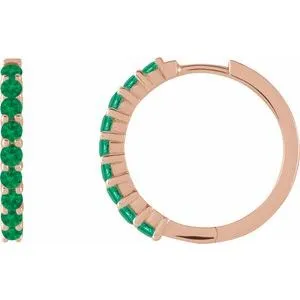 14K Rose Natural Emerald Cabochon 20 mm Huggie Hoop Earrings