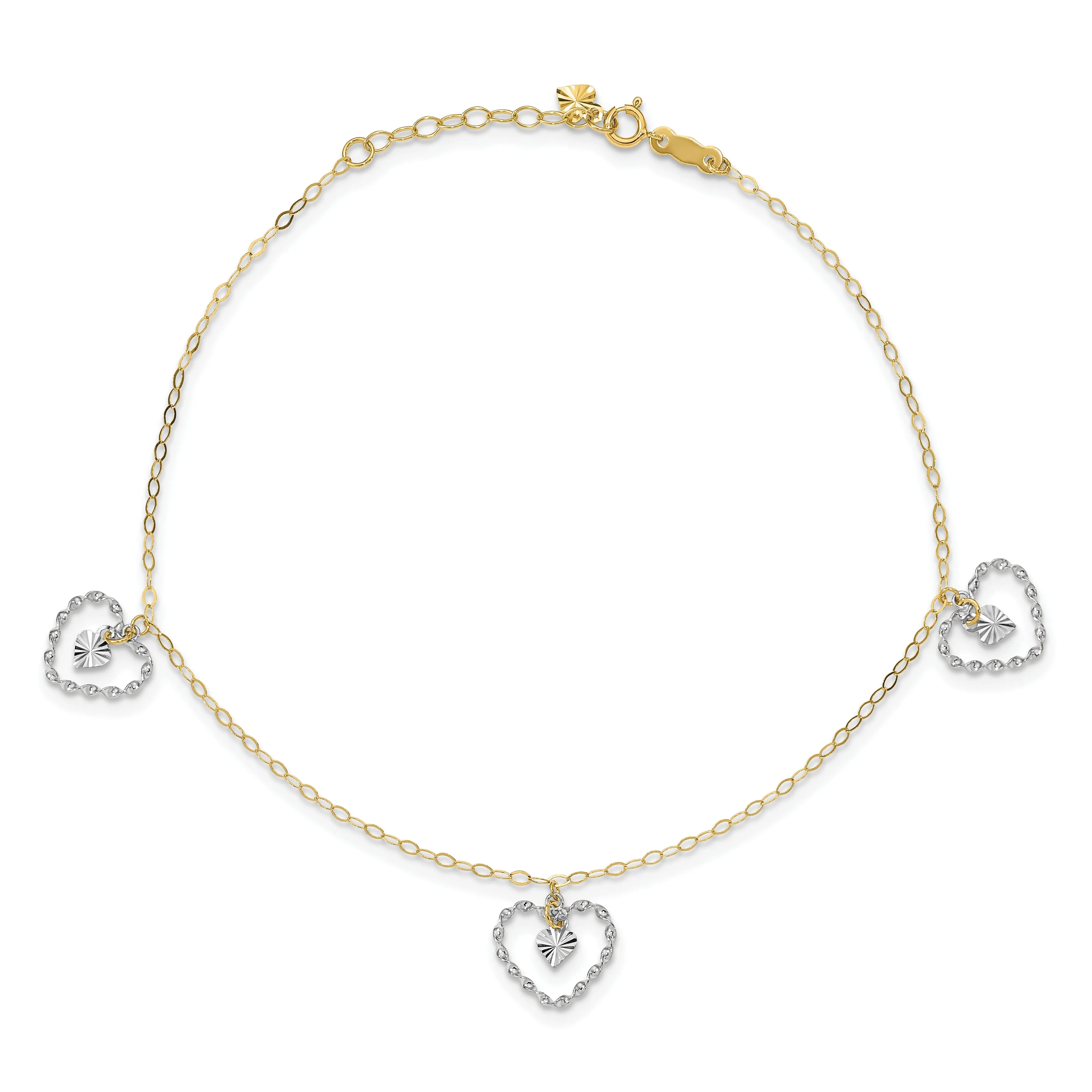 14K Two-tone Twisted Diamond Cut Heart Anklet