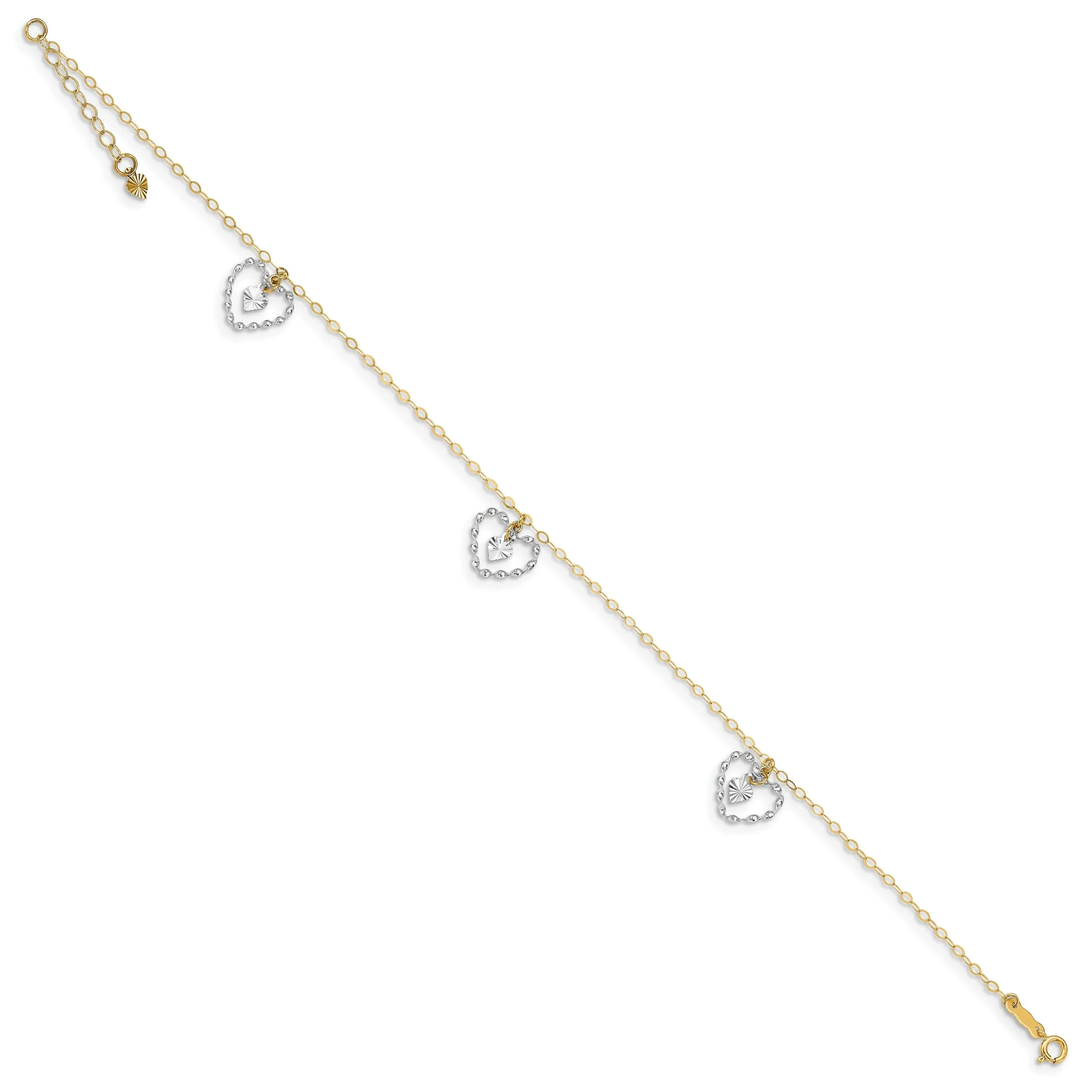 14K Two-tone Twisted Diamond Cut Heart Anklet