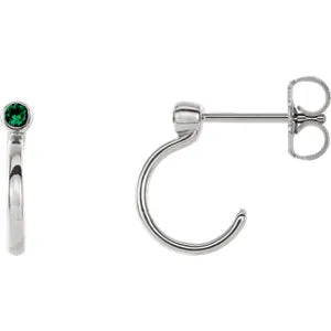 14K White 2 mm Round Emerald Bezel-Set J-Hoop Earrings
