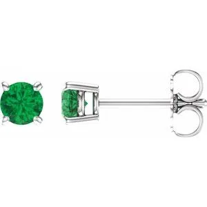 14K White 4 mm Lab-Grown Emerald Stud Earrings