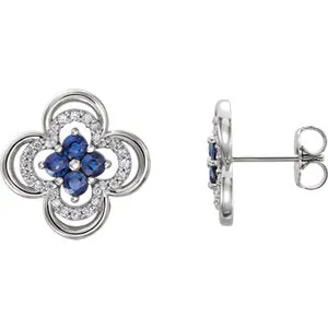 14K White Blue Sapphire & 1/5 CTW Diamond Clover Earrings