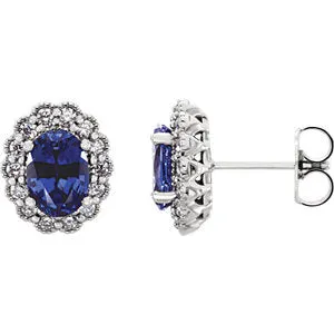 14K White Chatham® Created Blue Sapphire & 1/3 CTW Diamond Earrings
