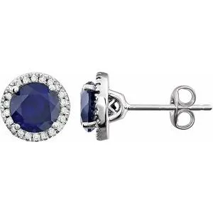 14K White Created Blue Sapphire & 1/8 CTW Diamond Earrings