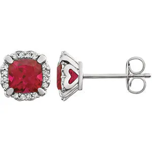 14K White Created Ruby & 1/10 CTW Diamond Earrings