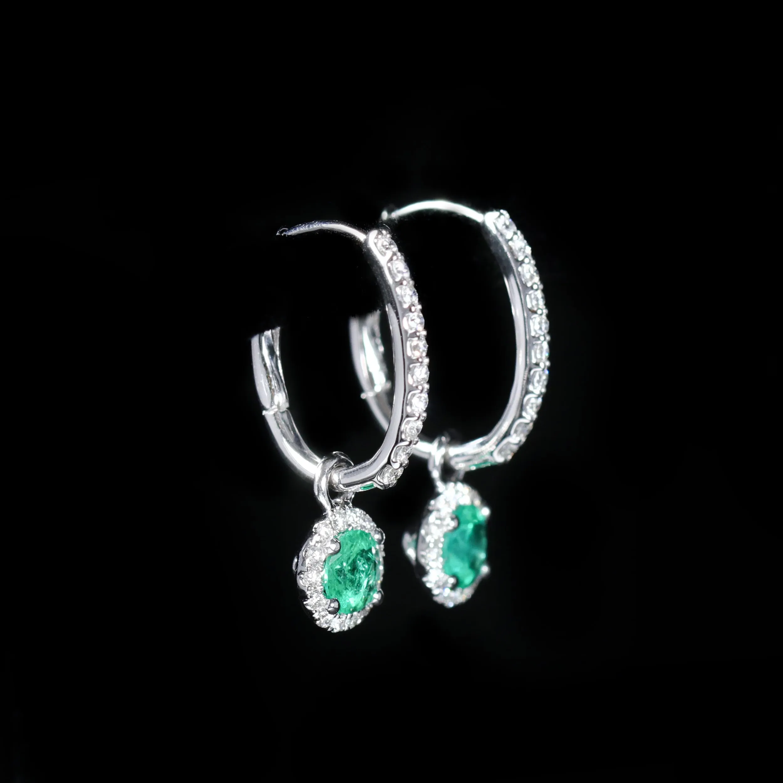 14K White Gold 0.59 CTW Emerald and Diamond Dangle Earrings