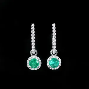 14K White Gold 0.59 CTW Emerald and Diamond Dangle Earrings