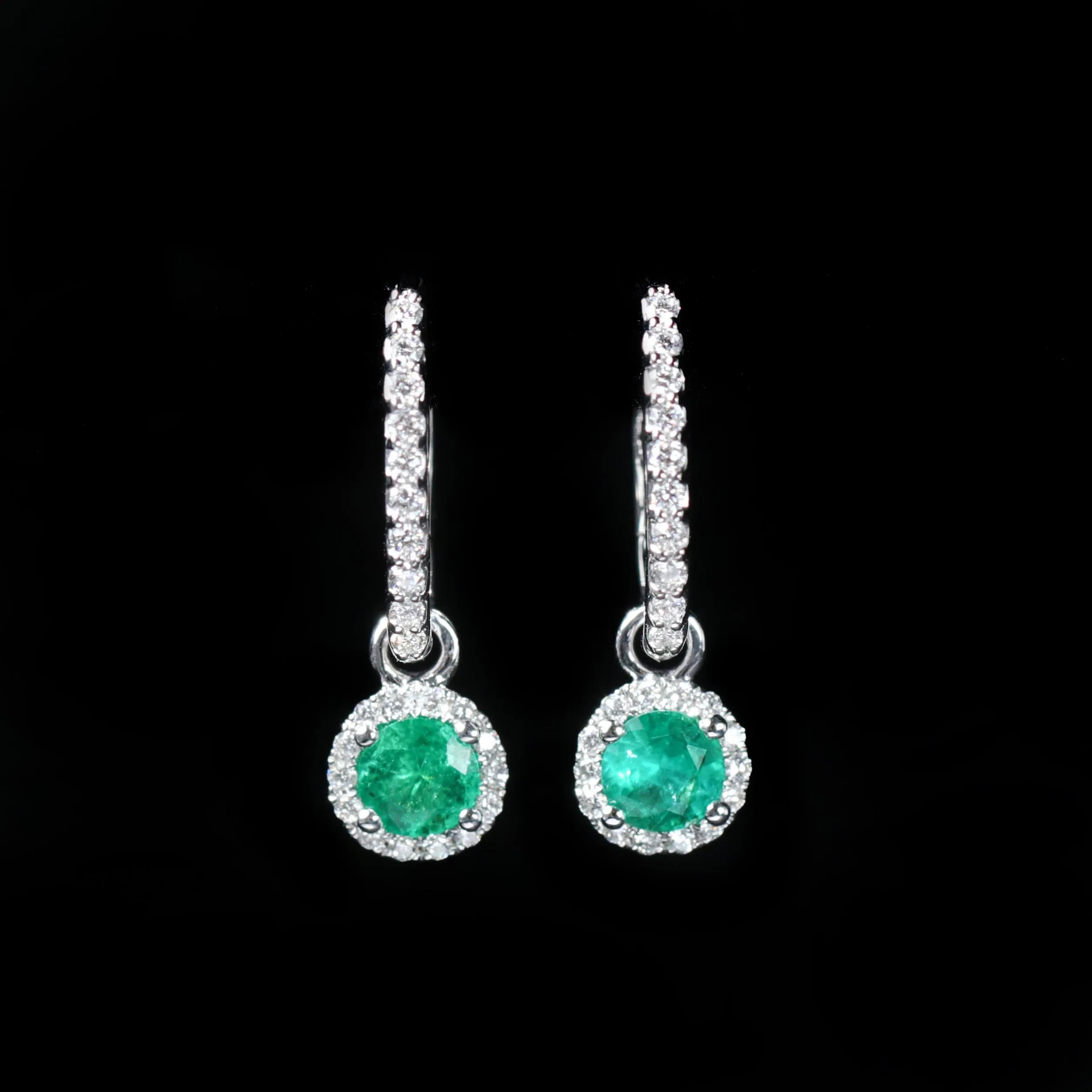 14K White Gold 0.59 CTW Emerald and Diamond Dangle Earrings