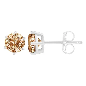 14K White Gold 1/5 Cttw Round Brilliant-Cut Champagne Diamond 6-Prong Tiffany-Style Stud Earrings (Natural Color, I2-I3 Clarity)