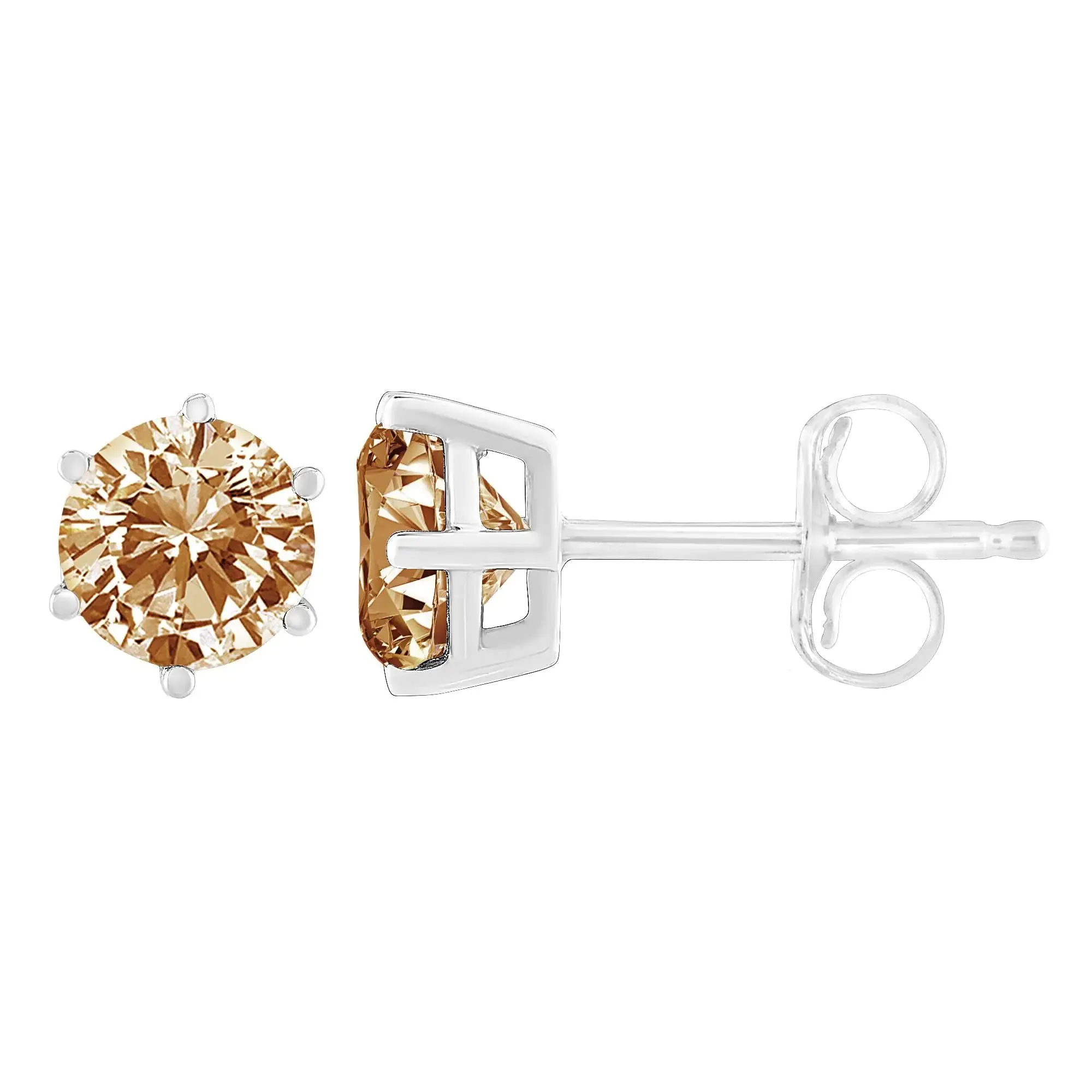 14K White Gold 1/5 Cttw Round Brilliant-Cut Champagne Diamond 6-Prong Tiffany-Style Stud Earrings (Natural Color, I2-I3 Clarity)