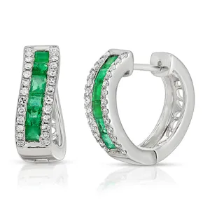 14K White Gold Baguette Emerald & Diamond Huggie Hoop Earrings