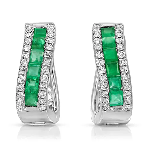 14K White Gold Baguette Emerald & Diamond Huggie Hoop Earrings