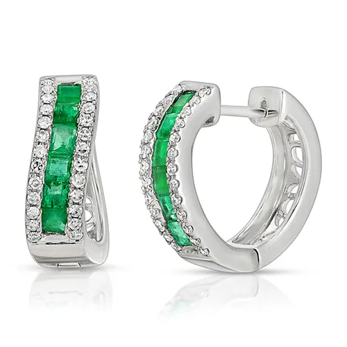14K White Gold Baguette Emerald & Diamond Huggie Hoop Earrings