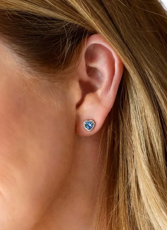 14k White Gold Diamond Blue Topaz Heart Earrings