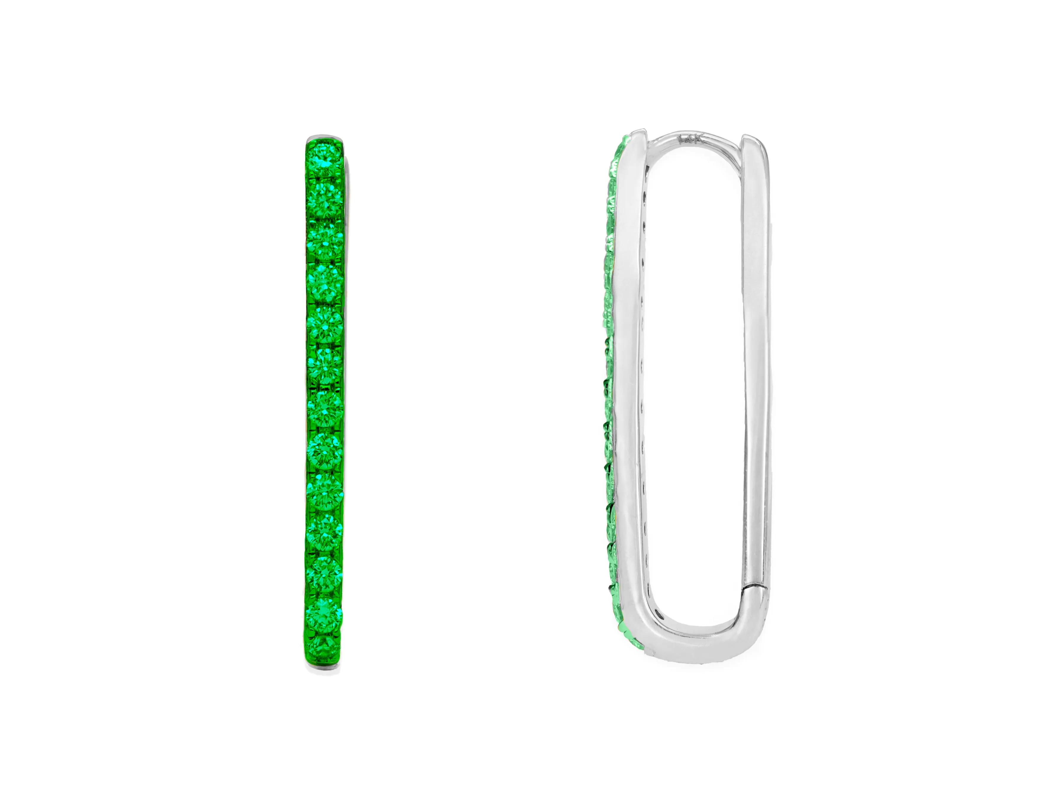 14k White Gold Emerald Paperclip Hoop Earrings
