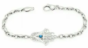 14k White Gold Hamsa Hand of Fatima Charm Bracelet with Turquoise 7" 9.7 grams