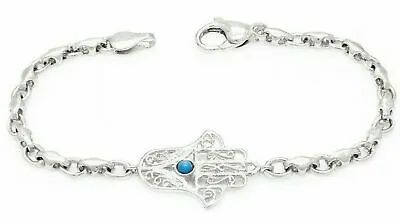 14k White Gold Hamsa Hand of Fatima Charm Bracelet with Turquoise 7" 9.7 grams