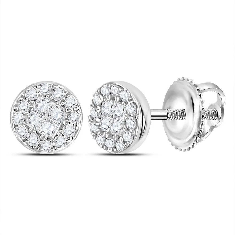 14K White Gold Princess Round Diamond Soleil Cluster Earrings 1/6 Cttw