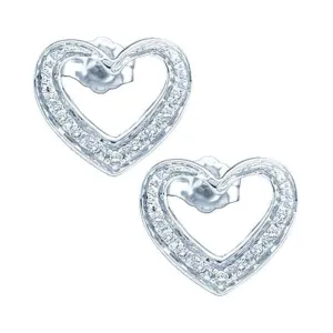 14K White Gold Round Diamond Heart Cluster Screwback Earrings 1/8 Cttw