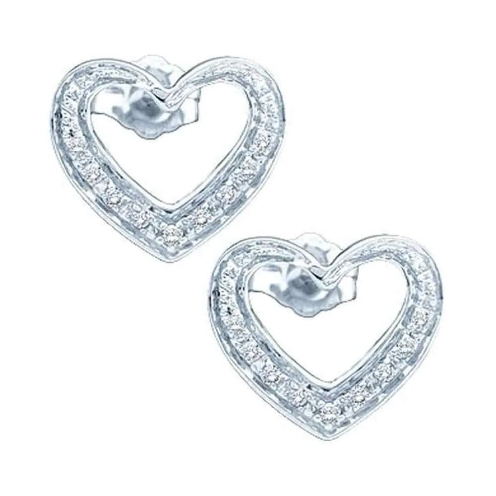 14K White Gold Round Diamond Heart Cluster Screwback Earrings 1/8 Cttw