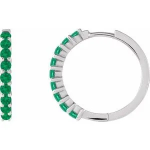 14K White Natural Emerald 20 mm Huggie Hoop Earrings