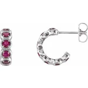 14K White Ruby Hoop Earrings
