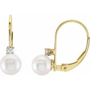 14K Yellow Akoya Cultured Pearl & Diamond Lever Back Earrings