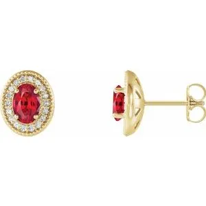 14K Yellow Chatham® Created Ruby & 1/5 CTW Diamond Halo-Style Earrings