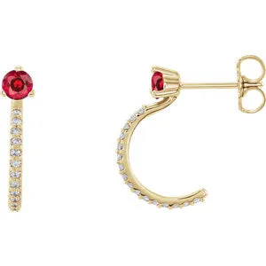 14K Yellow Chatham® Created Ruby & 1/6 CTW Diamond J-Hoop Earrings