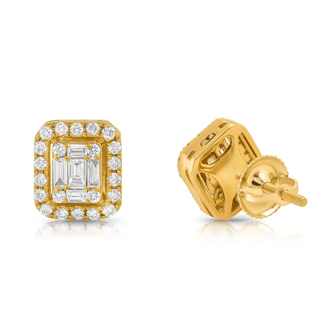 14K Yellow Gold Emerald and Round Cut Diamond Earrings 1.50 Ctw